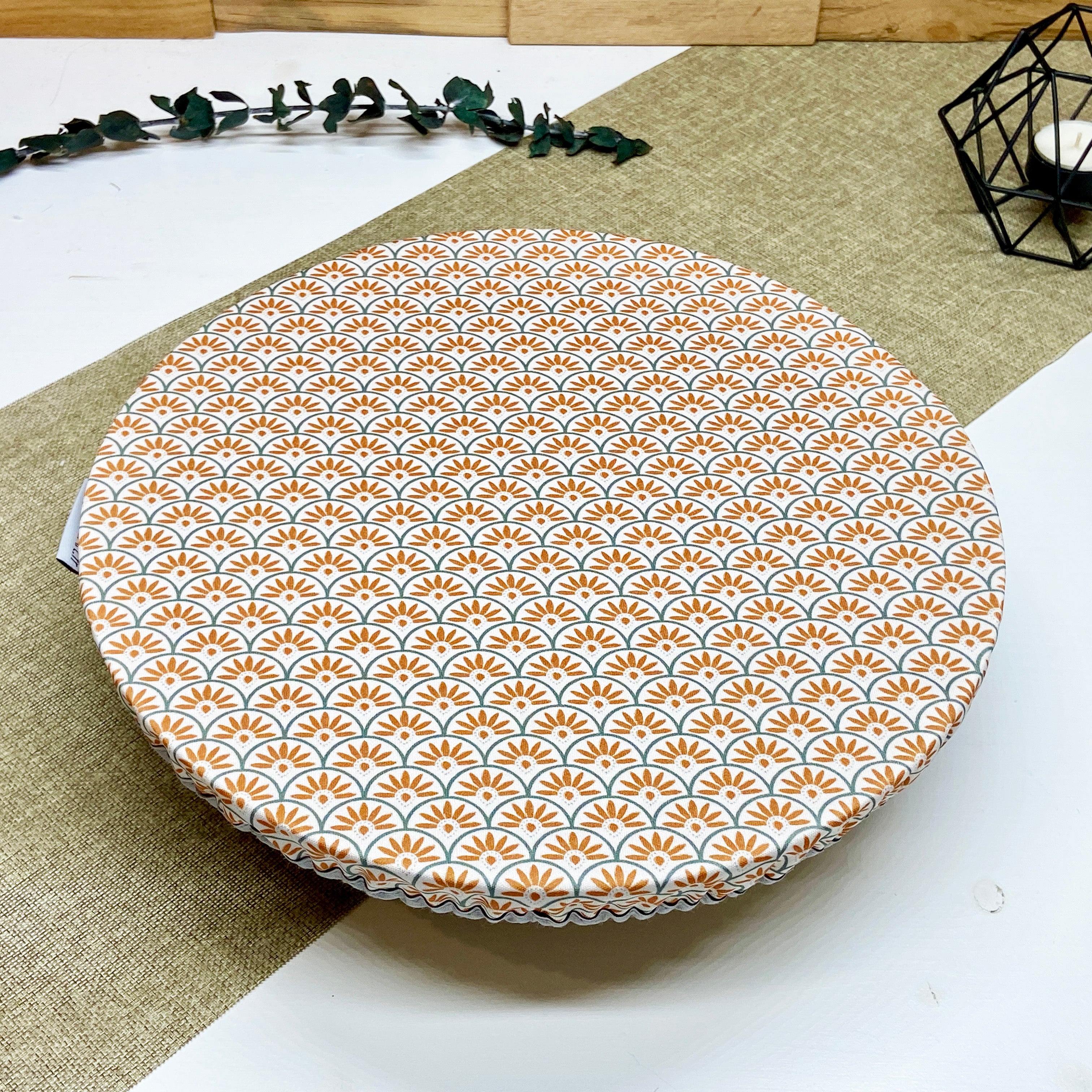 Grand couvre-plat réutilisable en tissu motif Paon Beige pour contenants de 26 à 32 cm