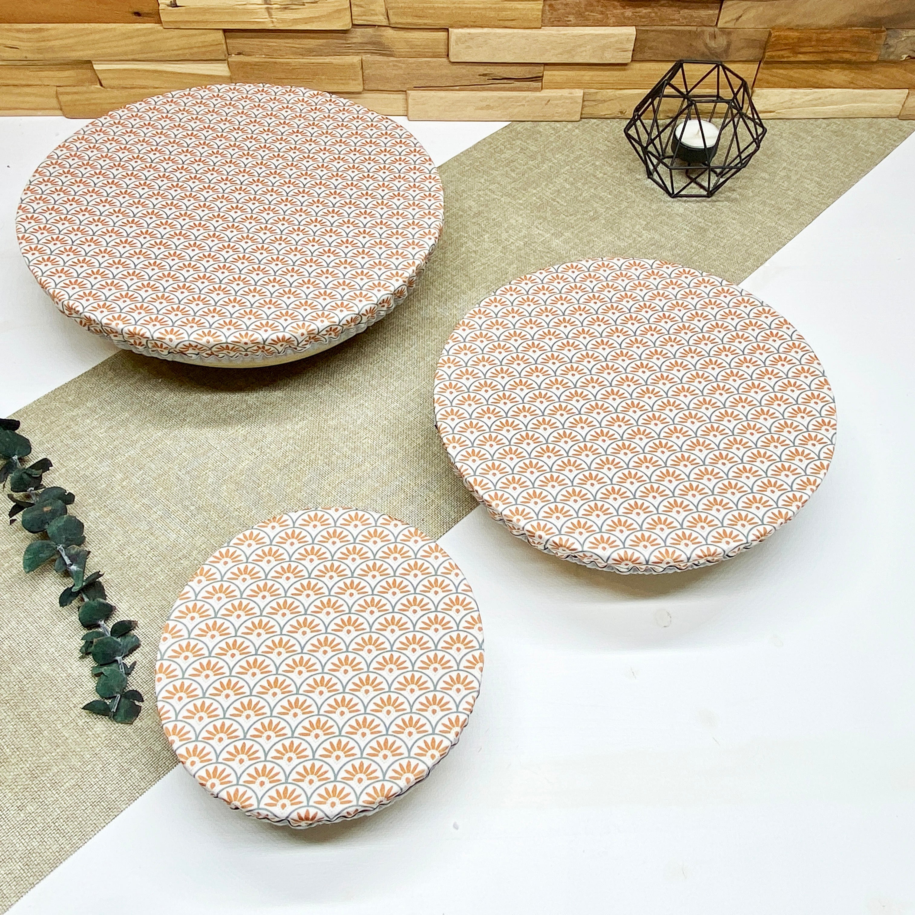 Kit de couvre-plats réutilisables en tissu motif Paon Beige comprenant trois tailles
