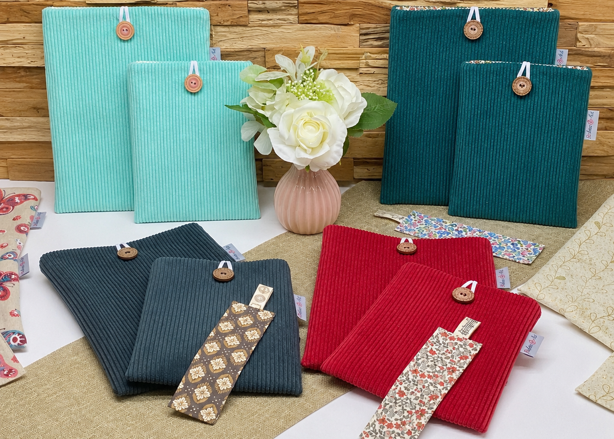 Collection de pochettes à livre artisanales en velours côtelé avec marque-pages assortis, idéales pour protéger romans, livres de poche et carnets lors des déplacements.