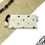 Trousse de toilette artisanale fermée en tissu à pois verts avec double compartiment imperméable
